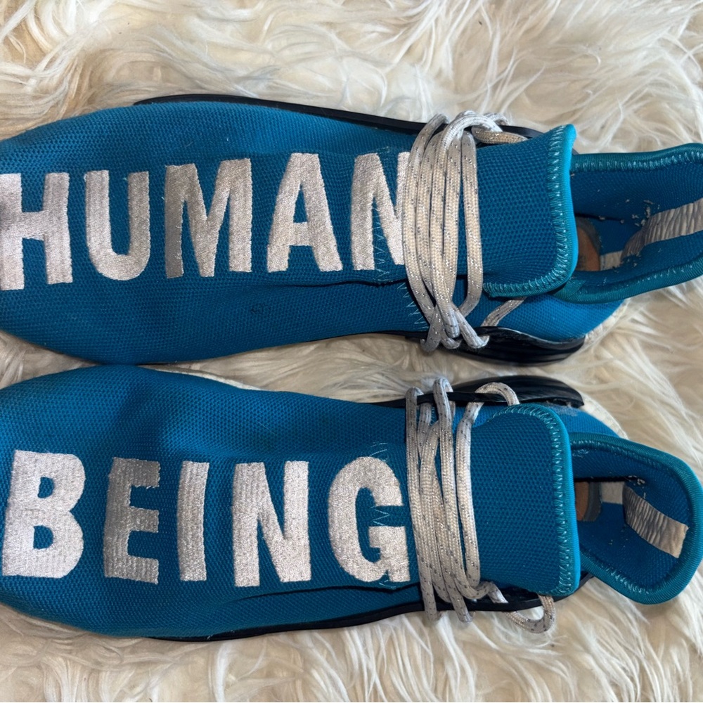 adidas Blue 'HUMAN BEING' Knit Athletic Sneakers